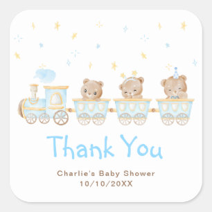 Tack för baby shower med Björn Blå Tåg Fyrkantigt Klistermärke
