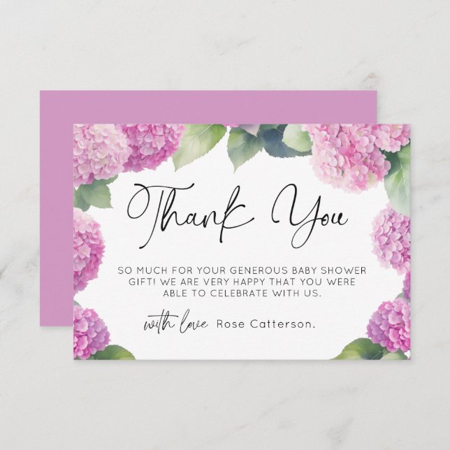 Tack för baby shower med Rosa Hydrangea Tilläggskort (Fram/baksida)