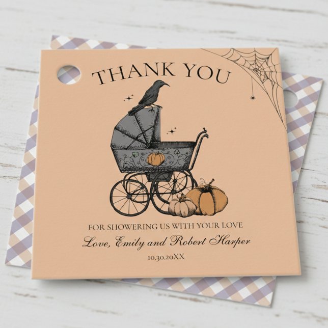 Tack för babybabykläder i gotin Orange Baby Gåvor Etiketter (Vintage Baby Carriage Pumpkin  Black Raven Thank You Favor Tags. Gender Neutral Gothic Baby Shower)