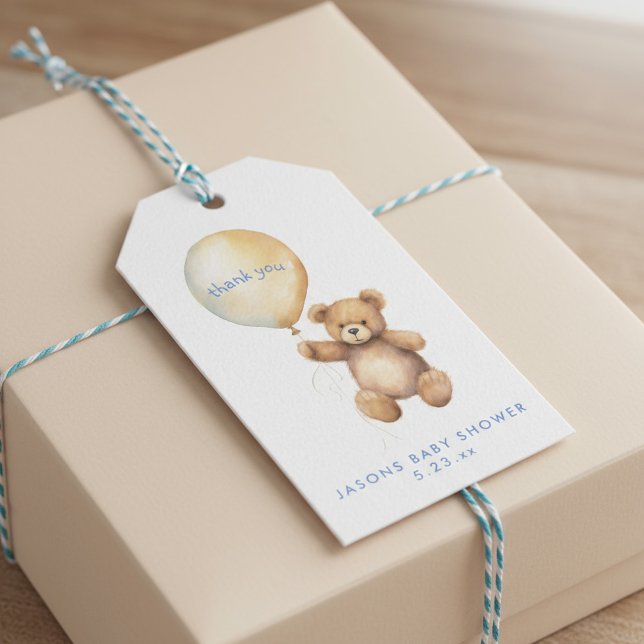 Tack för babybabyskor för spjutbjörn presentetikett (Whimsical Bear Balloon Baby Shower Thank You Gift Tags.)