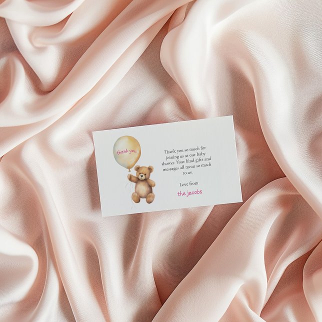 Tack för babyduschen med söt nalle (Teddy bear baby shower thank you card with gold balloon and pink script.)