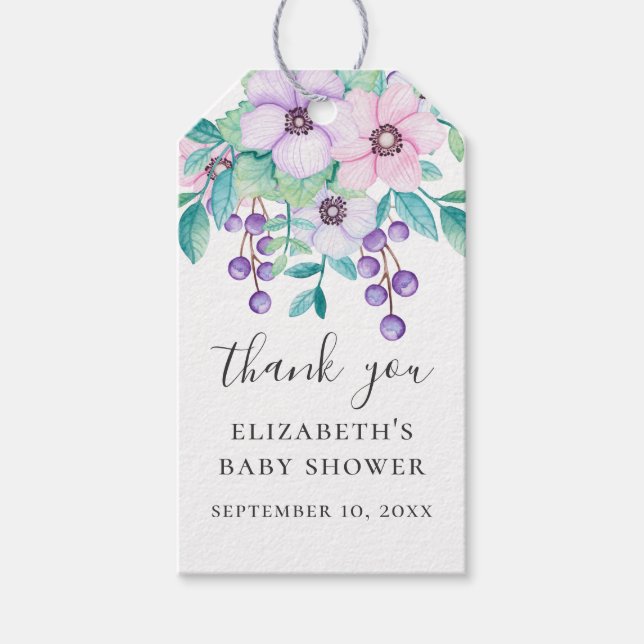 Tack för barnduschen för lila och rosa blommigt presentetikett (Framsidan)