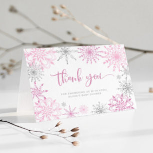 Tack för barnduschen i rosa silver snöflingor kort