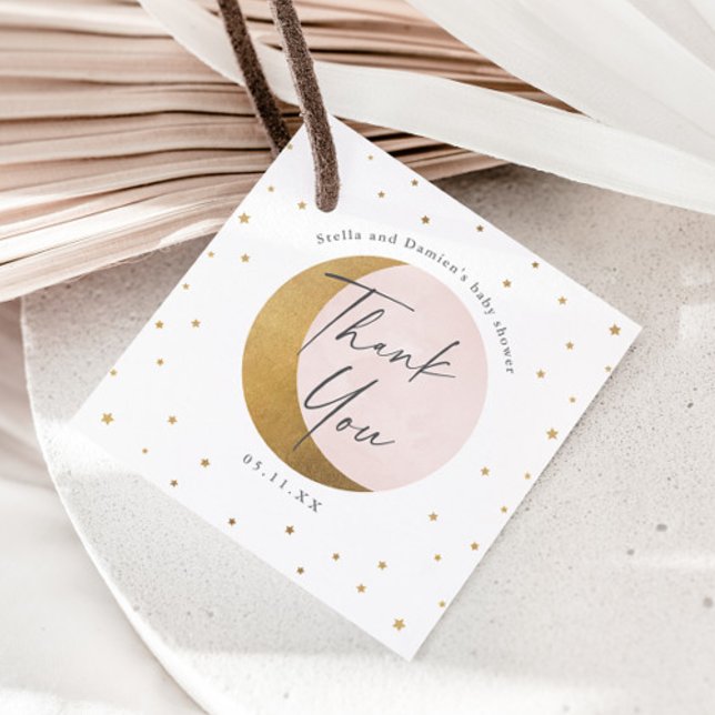 Tack för barnduschen måne och stjärnor gåvor etiketter (Gold Moon and Stars Elegant Script Pink Girls Baby Shower Thank You Favor Tag.)