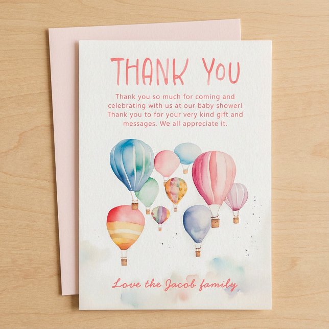 Tack för barnduschen med flygande luftballonger kort (Flying hot air balloons baby shower thank you card.)