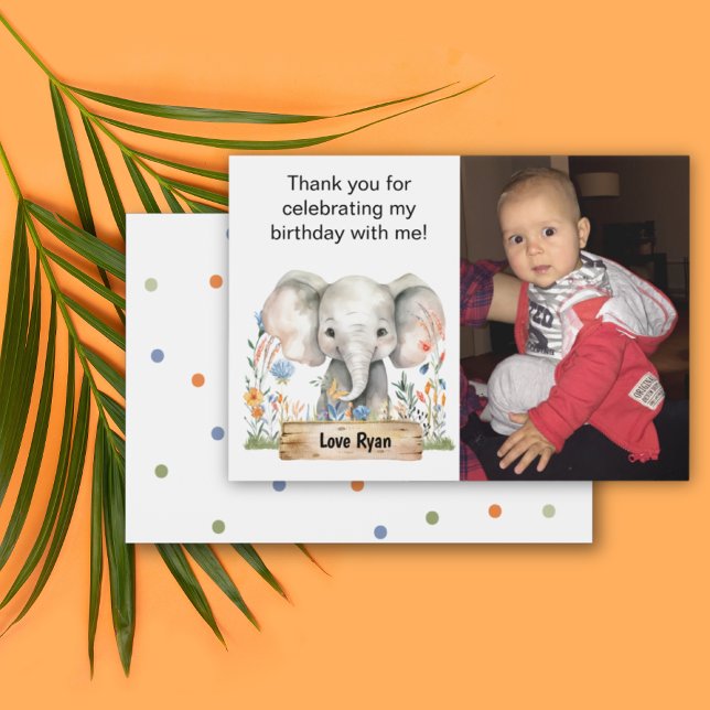 Tack för barnens foto kort (Safari Jungle Elephant Colorful Flowers Dots Personalizable Photo Birthday Thank You Card)