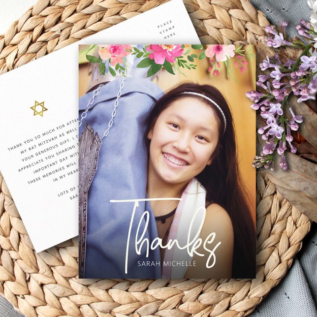 Tack för bat mitzvah fotoBlommigt Anpassningsbar-s Vykort (Skapare uppladdad)