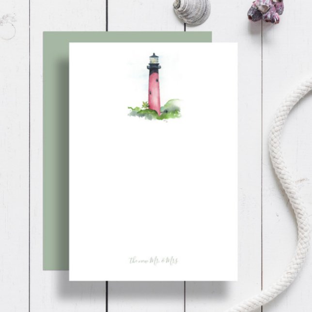 Tack för Beach Wedding Kort (Jupiter lighthouse personalized notecards feature watercolor art by Victoria Grigaliunas)