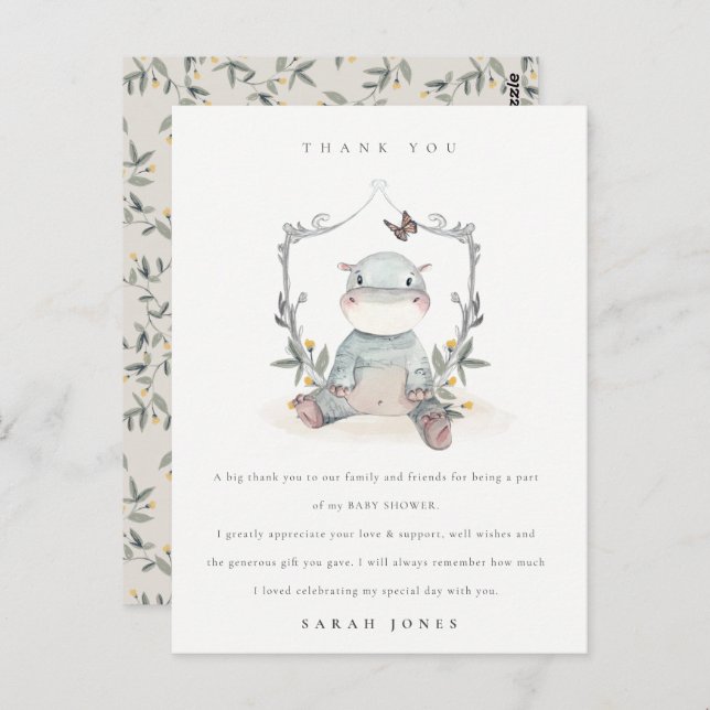 Tack för bebisbarn i Gult Baby Hippo Fauna Shower Vykort (Fram/baksida)