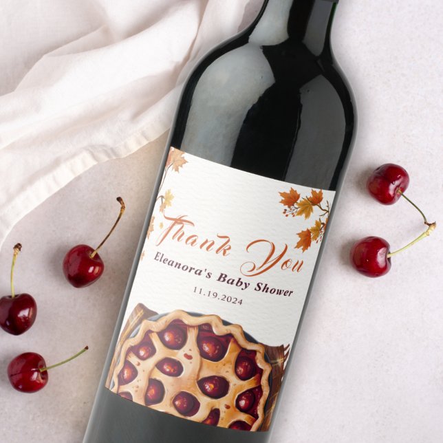 Tack för Bebisdusch för Paj i vattenfärg Cherry Vinflaska Etikett (Cute Watercolor Rustic Cherry Pie Baby Shower Wine Label)