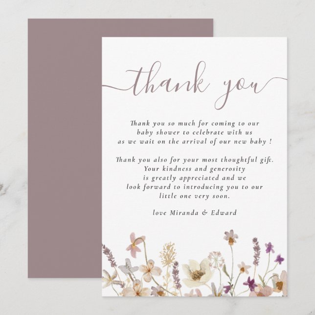 Tack för Bebisdusch för Wildblomma Blommigt Kort (Fram/baksida)