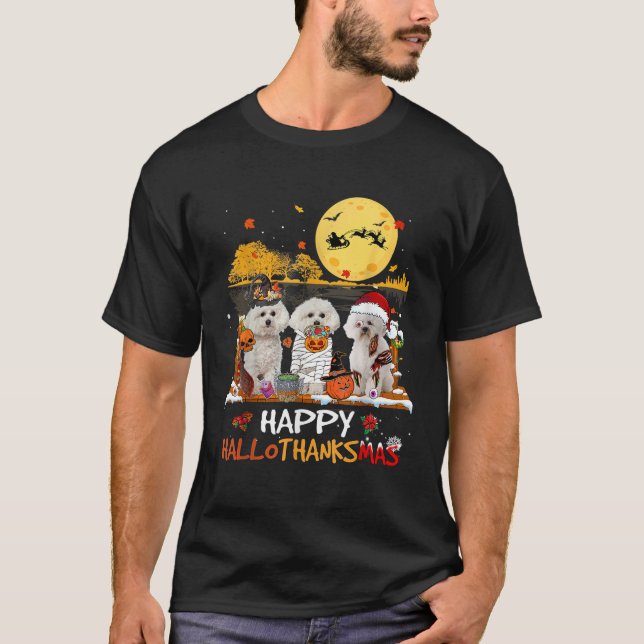 Tack för Bichon Frise Lycklig Hallothanksmas Hallo T Shirt (Framsida)
