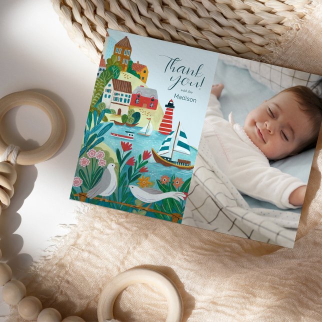 Tack för bild från strandby baby shower vykort (Coastal Village Baby Shower Photo Thank you Postcard)