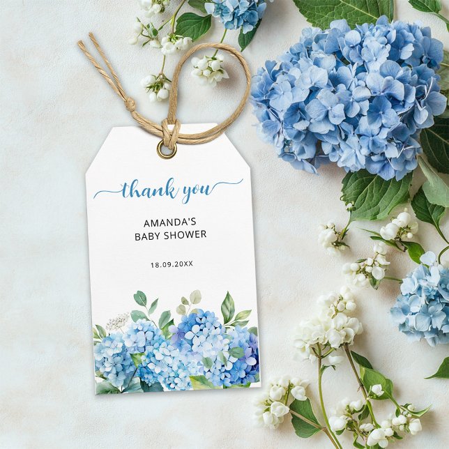 Tack för Blå Hortensia Baby Shower Presentetikett (Skapare uppladdad)