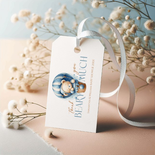 Tack för Blå Varmluftsballong Björn Baby Shower Presentetikett (Skapare uppladdad)
