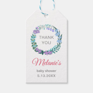Tack för blåklockornas gröna krans för baby shower presentetikett