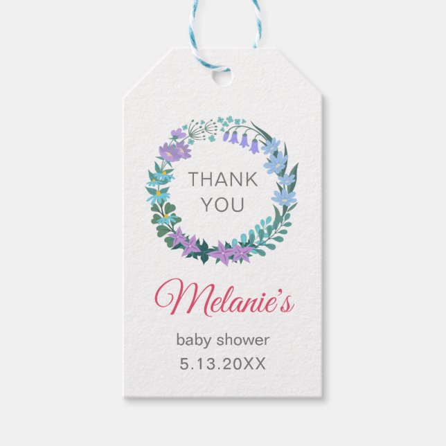 Tack för blåklockornas gröna krans för baby shower presentetikett (Framsidan)