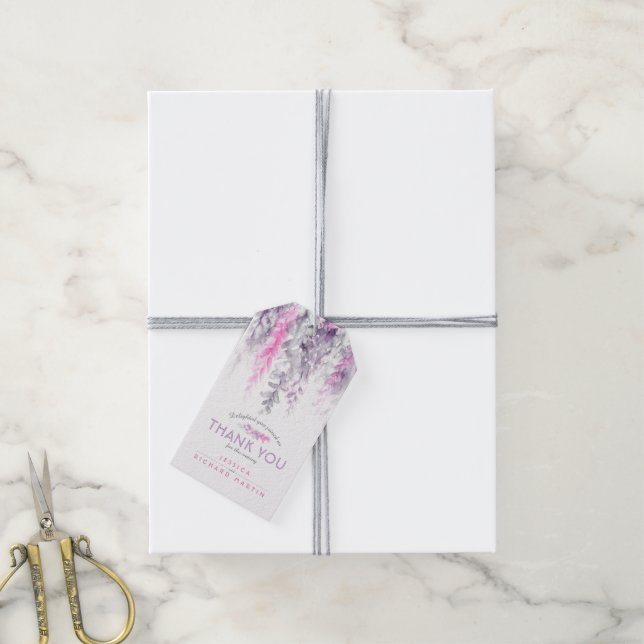Tack för blommigt abstrakt bröllop rosa  lila presentetikett (Med Snöre)