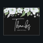 Tack för Blommigt av bat mitzvah Silver-skript Vykort<br><div class="desc">Se till att din favorit Bat mitzvah visar hennes uppskattning för alla som stödde hennes milstolpe-händelse! Skicka ut det här sofistikerade personligen tack för vykortet! En chic, förbluffande, vit och guld glitter blommigt med faux guld-folie, typografi och vit san serif-typ överträffar en dramatisk svart bakgrund. En guld-stjärna av David, tillsammans...</div>