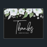 Tack för Blommigt av bat mitzvah Silver-skript Vykort<br><div class="desc">Se till att din favorit Bat mitzvah visar hennes uppskattning för alla som stödde hennes milstolpe-händelse! Skicka ut det här sofistikerade personligen tack för vykortet! En chic, förbluffande, vit och guld glitter blommigt med faux guld-folie, typografi och vit san serif-typ överträffar en dramatisk svart bakgrund. En guld-stjärna av David, tillsammans...</div>