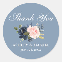 Tack för Blommigt av vattenfärgen Dusty Blue Rosa Runt Klistermärke