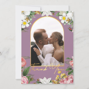 Tack för blommigt bröllop fotot guld Arch lila Anteckningskort