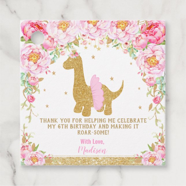Tack för blommigt Dinosaur-Födelsedagsfest Gåvor Etiketter (Framsida)