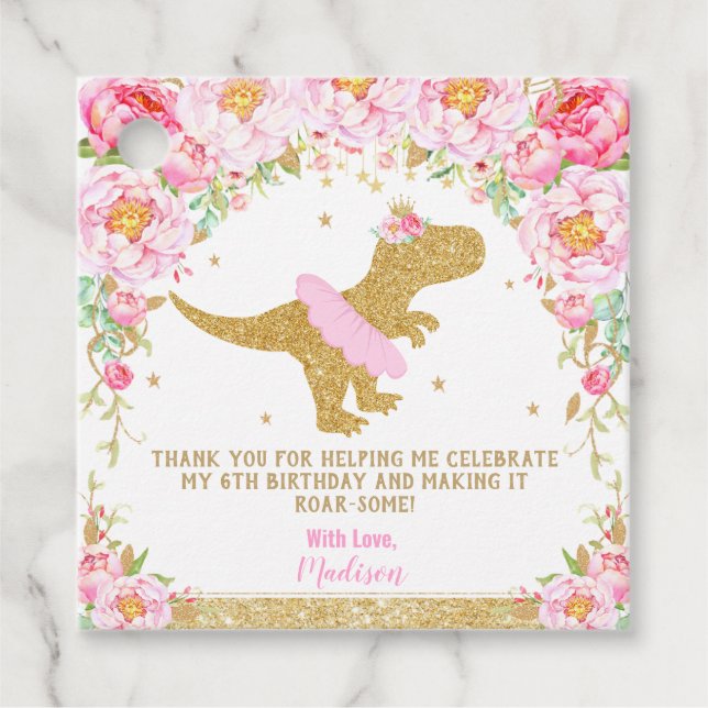 Tack för blommigt Dinosaur-Födelsedagsfest Gåvor Etiketter (Framsida)
