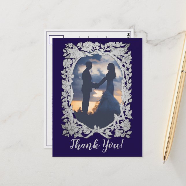 Tack för blommigt Navy Blue Grått Bird Photo Bröll Vykort (Fram/Back In Situ)