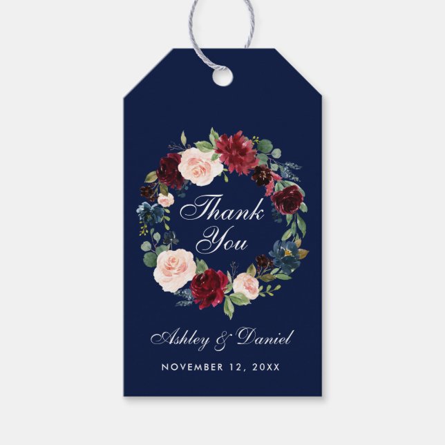 Tack för Blommigten Burgundy Blue Bröllop Presentetikett (Framsidan)