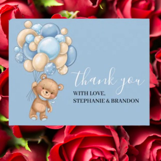 Tack för BLUE Ballon-kortet för nalle Vykort (Express heartfelt gratitude with our Teddy Bear BLUE Balloon Thank You Card.)