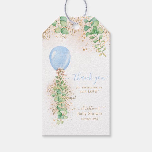 Tack för Blue Balloon Greenery Baby Shower Presentetikett (Framsidan)