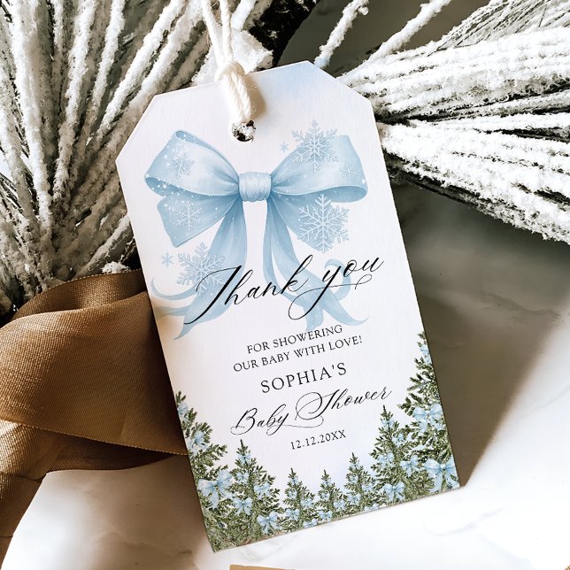 Tack för Blue Bow Winter Baby Shower Presentetikett (Skapare uppladdad)