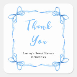 Tack för Blue Coquette Ribbon Sweet sixteen Fyrkantigt Klistermärke