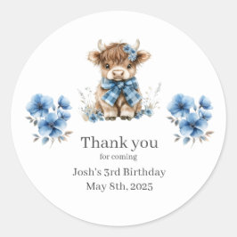 Tack för Blue Highland Cow-Födelsedagsfest Runt Klistermärke