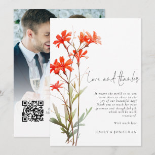 Tack för Boho Red Wildblommor Photo QR Bröllop Kort