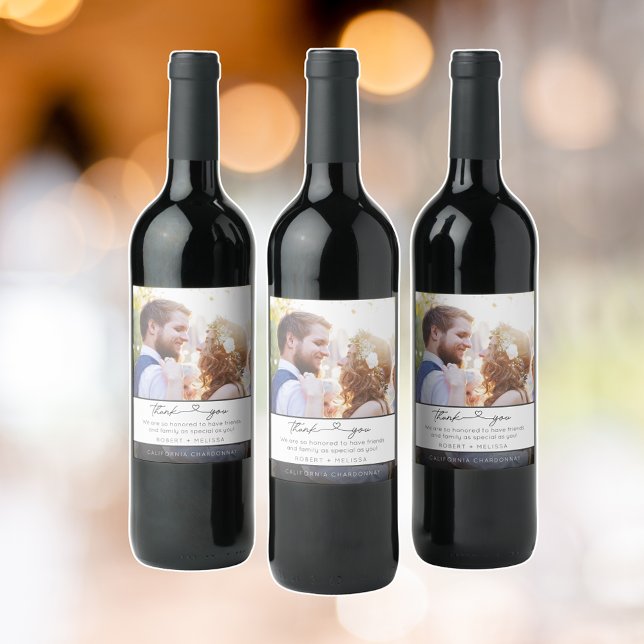 Tack för Bröllop-fotoskript Vinflaska Etikett (Wedding Photo Script Thank You Favor Wine Label)