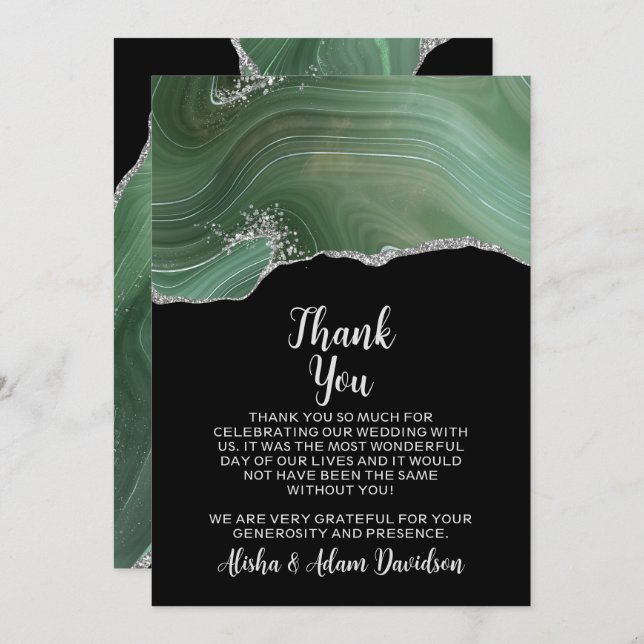 Tack för Bröllop-kortet Grönt Silver Glitter Black (Fram/baksida)