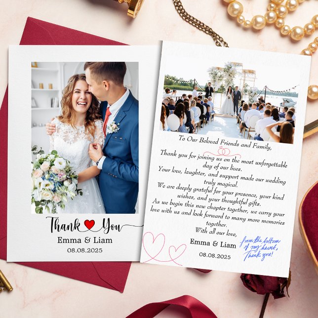 Tack för Bröllop-kortet med foto | Handskriven Kort (Custom Wedding Thank You Card with Photo & Handwritten "From the Bottom of My Heart" Note)
