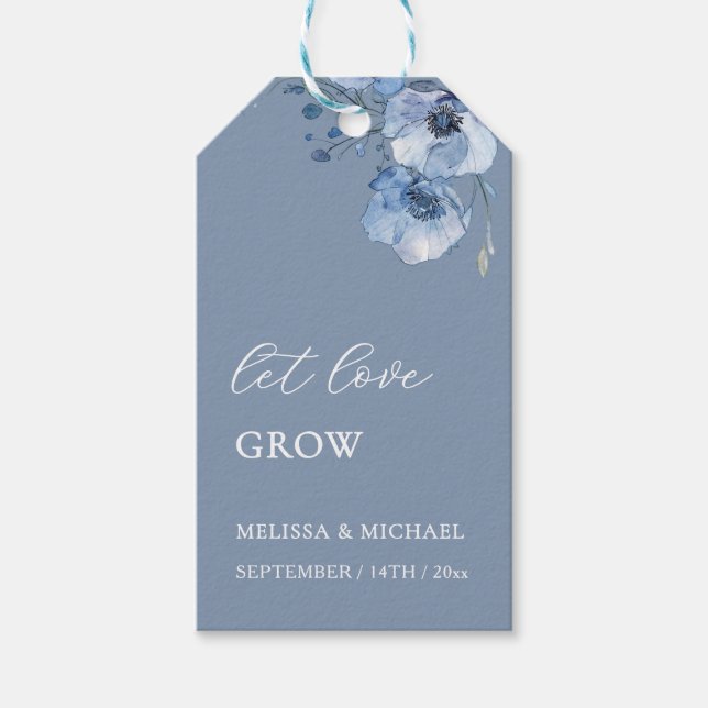 Tack för bröllop med blå akvarellblommor presentetikett (Framsidan)