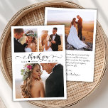 Tack för Bröllop-tackkortet för elegant Script Hea<br><div class="desc">Elegant Modern Calligraphy Script 3 Photo Collage Bröllop - tackkort. Snyggt bröllop tackar dig för att du har en kortmall med tre (3) foto på framsidan och ett (1) foto på baksidan. Med "Tack"-texten i ett rotografiskt eller typografiskt glansigt skript som skrivs med en snabb hand, byts svan ut mot...</div>