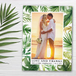 Tack för Bröllop, Tropical Greenery Kärlek Vykort<br><div class="desc">Elegant Watercolor Tropical Grey Handflatan Lövs Bride and Groom Kärlek och Tack Bröllop Photo Tack Postcard</div>