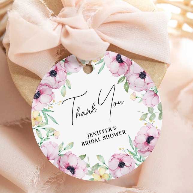 Tack för bröllopsdusch med rosa blommig Anemone Gåvor Etiketter (Skapare uppladdad)