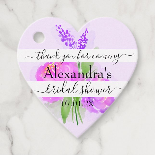 Tack för bröllopsdusch med rosa blommor och lavend gåvor etiketter (Framsida)
