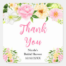 Tack för bröllopsdusch med rosa och gula blommor