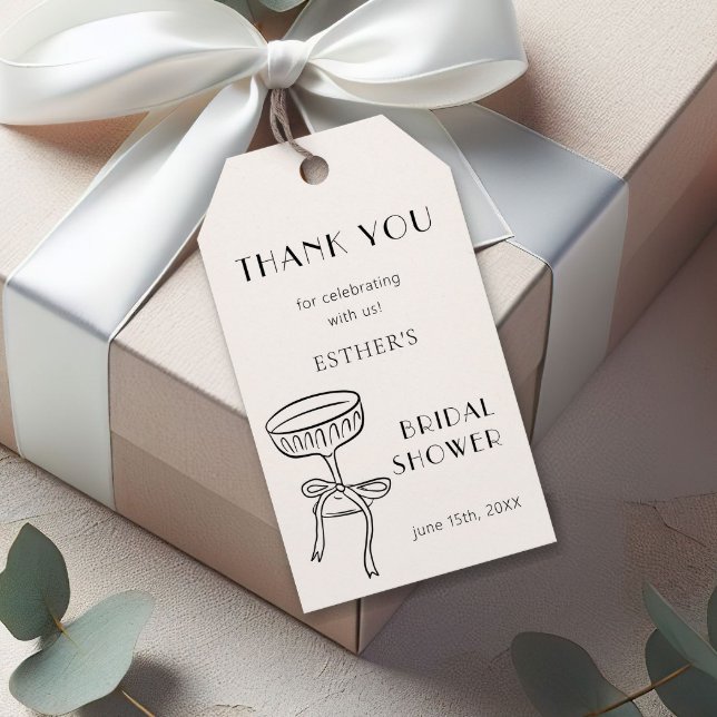 Tack för bröllopsfest med champagneglas och rosett presentetikett (Skapare uppladdad)