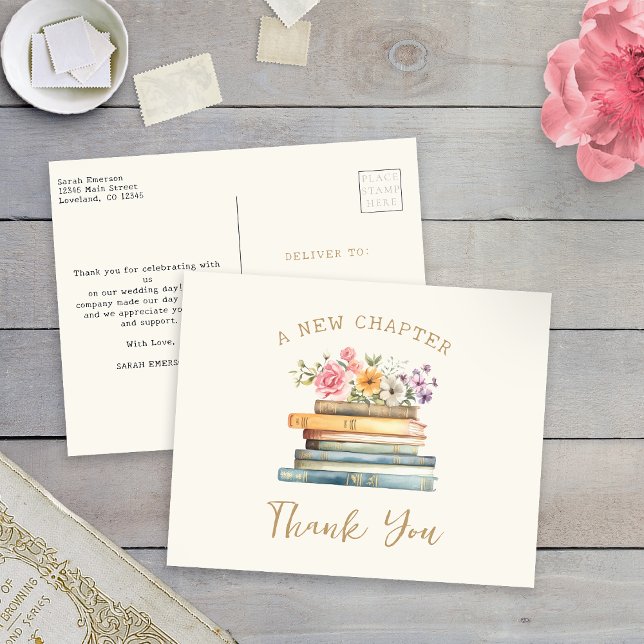 Tack för brudfesten "Ett Nytt Kapitel" Vykort (Wildflower Books A New Chapter Bridal Shower Thank You Postcard by Painted Paperie
)