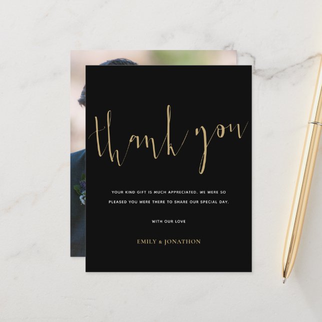 Tack för budgetkalligrafi Foto Guld Black Bröllop (Fram/Back In Situ)