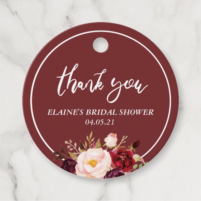 Tack för Burgundy blommigt möhippa Gåvor Etiketter (Framsida)