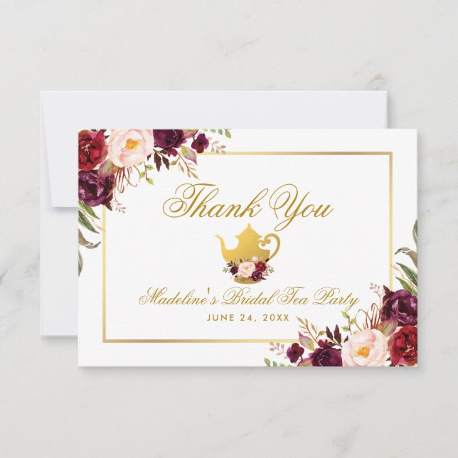 Tack för Burgundy Blommigt Möhippa Tea Party Inbjudningar (Framsida)